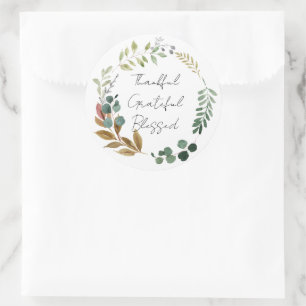 Thankful Grateful Blessed Fall Leaf Rustic Modern Classic Round Sticker