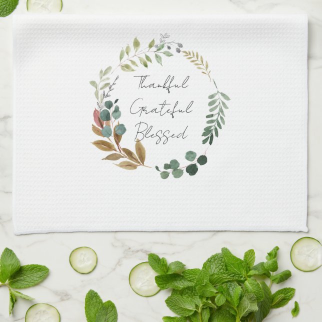 Thankful Grateful Blessed Fall Leaves Thanksgiving Tea Towel (Folded)
