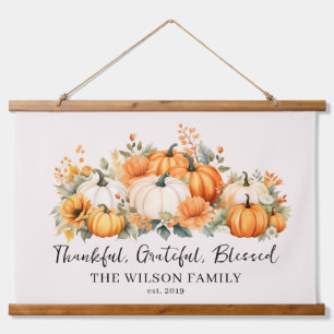 Thankful Grateful Blessed Fall Pumpkin Family Name Hanging Tapestry
