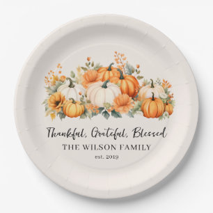 Thankful Grateful Blessed Fall Pumpkin Family Name Paper Plate