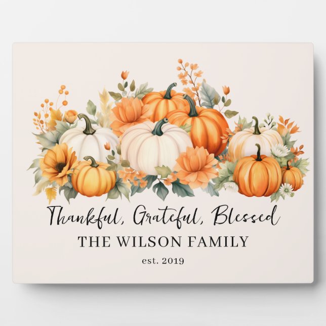 Thankful Grateful Blessed Fall Pumpkin Family Name Plaque (Front)