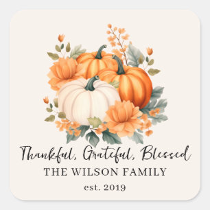 Thankful Grateful Blessed Fall Pumpkin Family Name Square Sticker