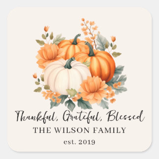 Thankful Grateful Blessed Fall Pumpkin Family Name Square Sticker
