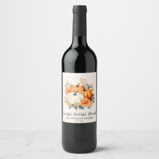 Thankful Grateful Blessed Fall Pumpkin Family Name Wine Label