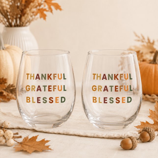 Thankful Grateful Blessed – Fall  Stemless Wine Glass (Creator Uploaded)