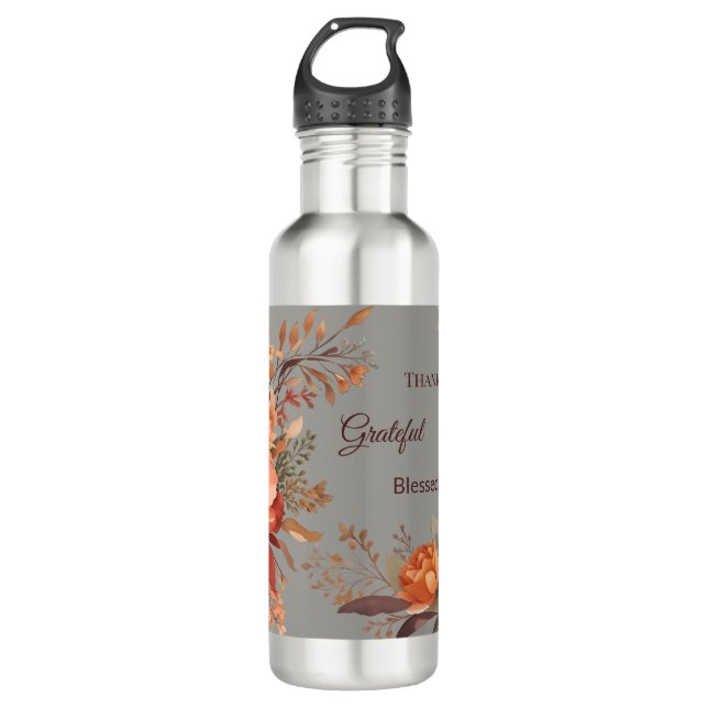 Thankful grateful blessed Floral Thanksgiving  710 Ml Water Bottle (Front)