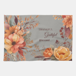 Thankful grateful blessed Floral Thanksgiving  Tea Towel