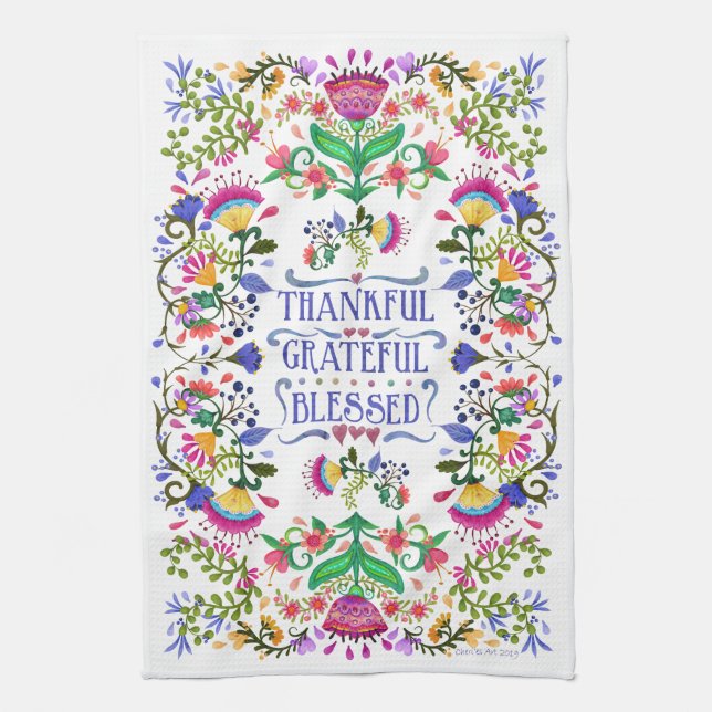 Thankful, Grateful, Blessed | Folk Art Flowers Tea Towel (Vertical)