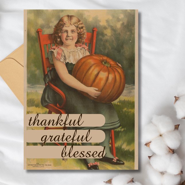 Thankful Grateful Blessed  | Girl with Pumpkin Holiday Card (Creator Uploaded)