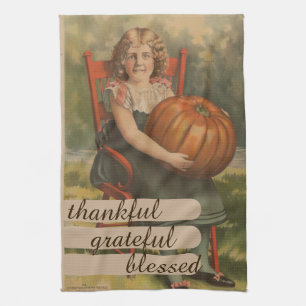 Thankful Grateful Blessed    Girl with Pumpkin Tea Towel