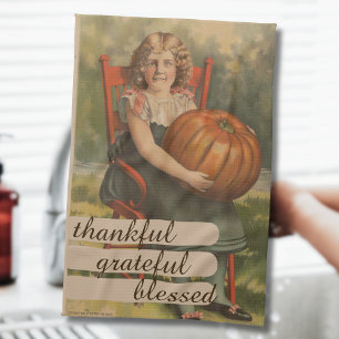 Thankful Grateful Blessed Girl with Pumpkin Tea Towel