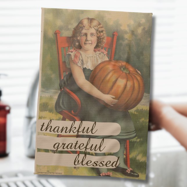 Thankful Grateful Blessed  | Girl with Pumpkin Tea Towel (Creator Uploaded)