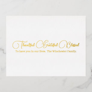 Thankful Grateful Blessed gold script Thanksgiving Foil Holiday Postcard
