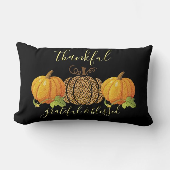 Thankful Grateful Blessed Leopard Pumpkin Lumbar Cushion (Front)