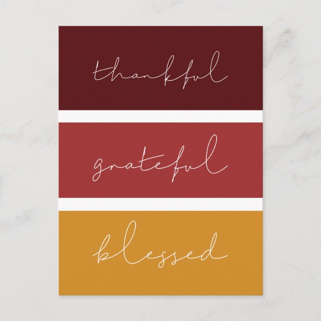 Thankful Grateful Blessed Modern Thanksgiving Postcard (Front)