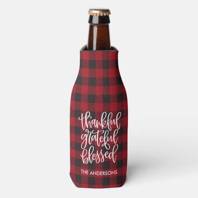 Thankful Grateful Blessed Name Red Plaid Bottle Cooler (Bottle Front)