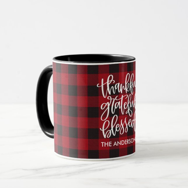 Thankful Grateful Blessed Name Red Plaid Mug (Front Left)