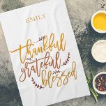 Thankful Grateful Blessed Name Terracotta White Tea Towel<br><div class="desc">Thankful Grateful Blessed Name Orange Terracotta White. Awesome inspirational words for thanksgiving and throughout the year, in a stylish script, the words of gratitude Thankful Grateful Blessed in the vibrant colours of fall on a white background which can be changed to another colour if you so wish. Easy to personalise...</div>