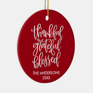 Thankful Grateful Blessed PHOTO BACK Red Ceramic Tree Decoration