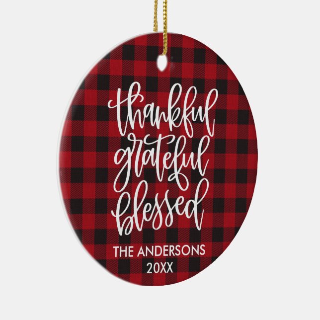 Thankful Grateful Blessed PHOTO BACK Red Plaid Ceramic Tree Decoration (Right)