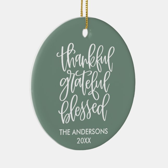 Thankful Grateful Blessed PHOTO BACK Sage Green Ceramic Tree Decoration (Right)