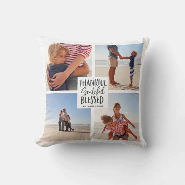 Thankful grateful blessed photo thanksgiving cushion (Front)