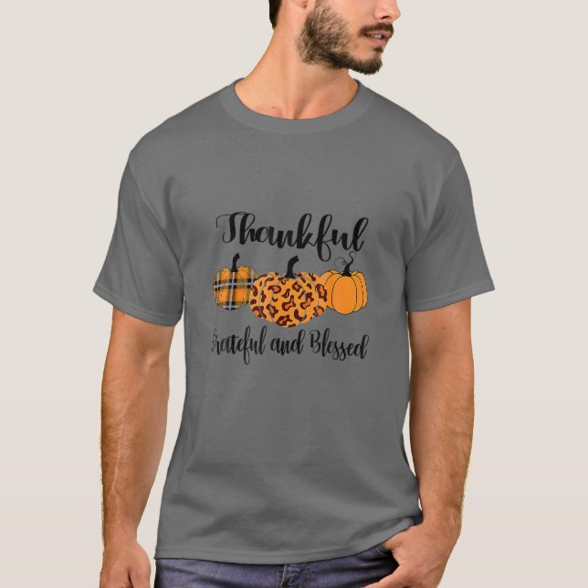Thankful Grateful Blessed Plaid Leopard Pumpkin Th T-Shirt (Front)
