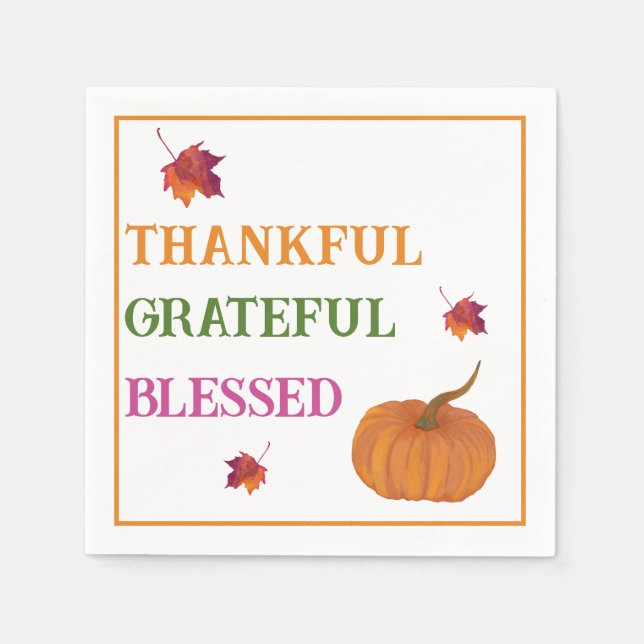 Thankful Grateful Blessed Pumpkin Fall Leaves Napkin (Front)