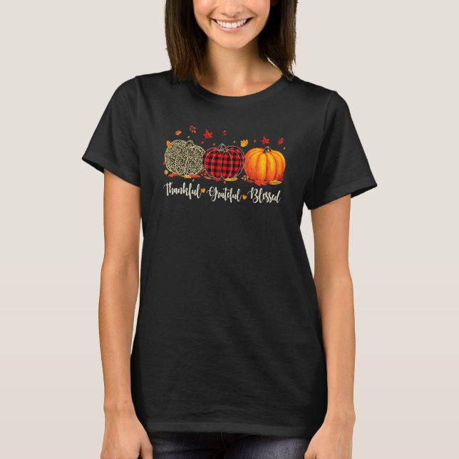 Thankful Grateful Blessed Pumpkin Leopard Fall Tha T-Shirt (Front)