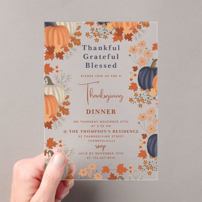 Thankful Grateful Blessed Pumpkin Thanksgiving Acrylic Invitations (Insitu (Handheld))