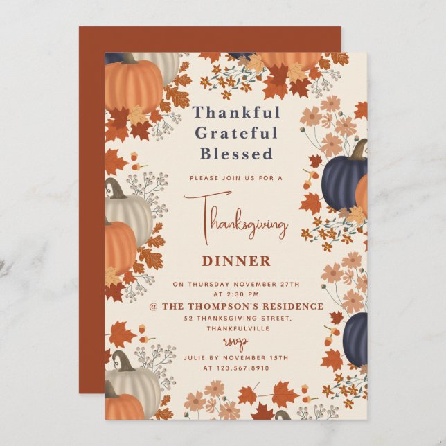 Thankful Grateful Blessed Pumpkin Thanksgiving Invitation (Front/Back)