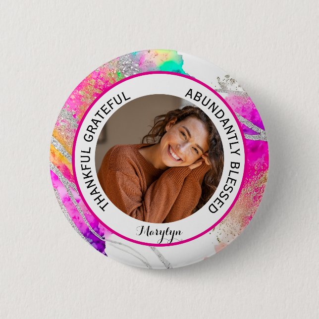 Thankful Grateful Blessed Quote photo Rainbow 6 Cm Round Badge (Front)