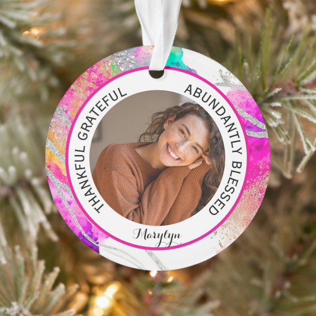 Thankful Grateful Blessed Quote photo Rainbow Ornament (Tree)