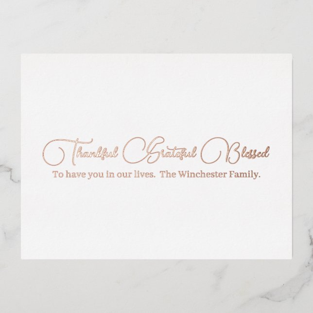 Thankful Grateful Blessed rose gold Thanksgiving Foil Holiday Postcard (Front)