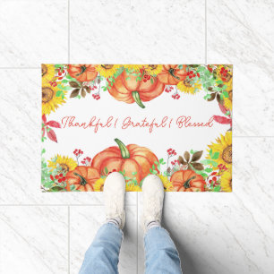 Thankful Grateful Blessed Rustic Pumpkin Floral Doormat
