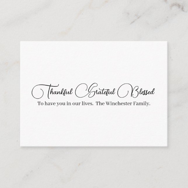 Thankful Grateful Blessed script Thanksgiving Enclosure Card (Front)