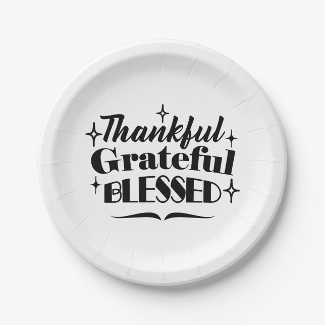 Thankful, Grateful, Blessed Sparkling Thanksgiving Paper Plate (Front)