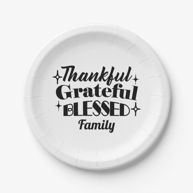 Thankful, Grateful, Blessed Sparkling Thanksgiving Paper Plate (Front)