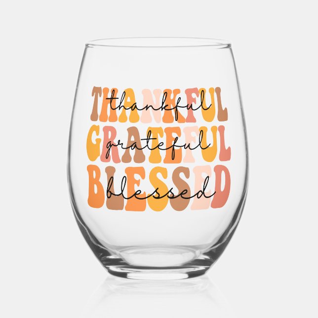 Thankful Grateful Blessed Stemless Wine Glass (Front)