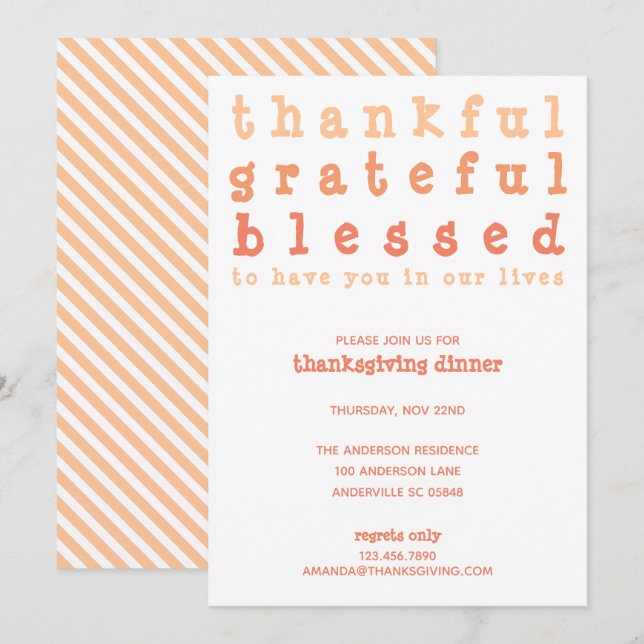 Thankful Grateful Blessed Striped Thanksgiving Invitation (Front/Back)