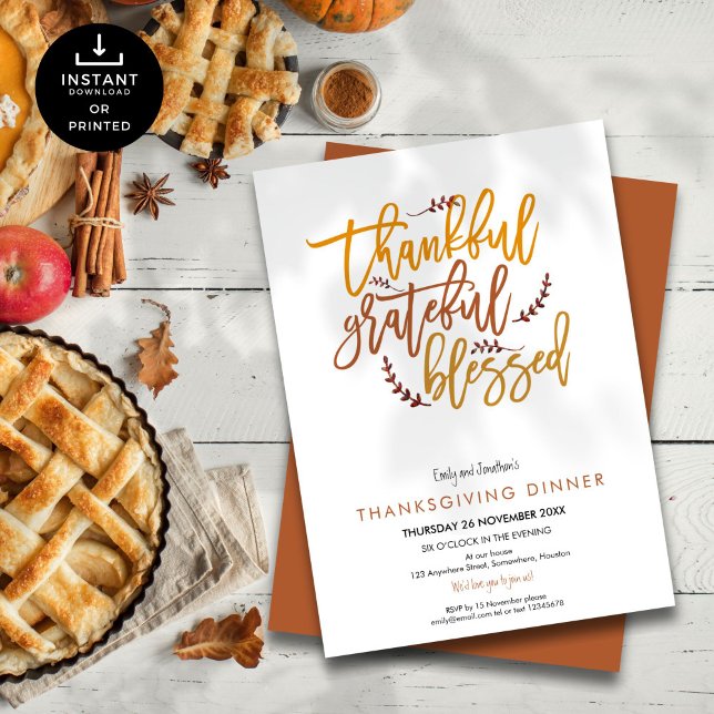 Thankful Grateful Blessed Thanksgiving Dinner Invitation (Front and back view)