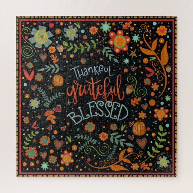 Thankful Grateful Blessed Thanksgiving Fun Floral Jigsaw Puzzle (Vertical)