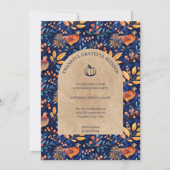 Thankful Grateful Blessed Thanksgiving Party Invitation (Front)