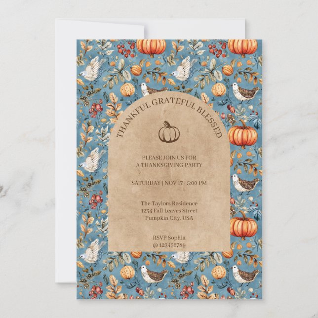 Thankful Grateful Blessed Thanksgiving Party Invitation (Front)