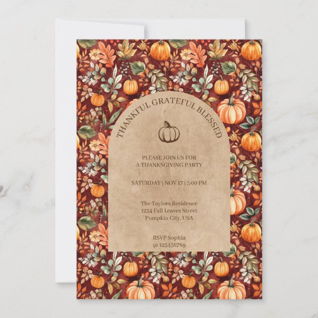 Thankful Grateful Blessed Thanksgiving Party Invitation (Front)