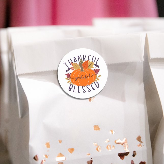 Thankful Grateful Blessed Thanksgiving Pumpkin Classic Round Sticker (Creator Uploaded)