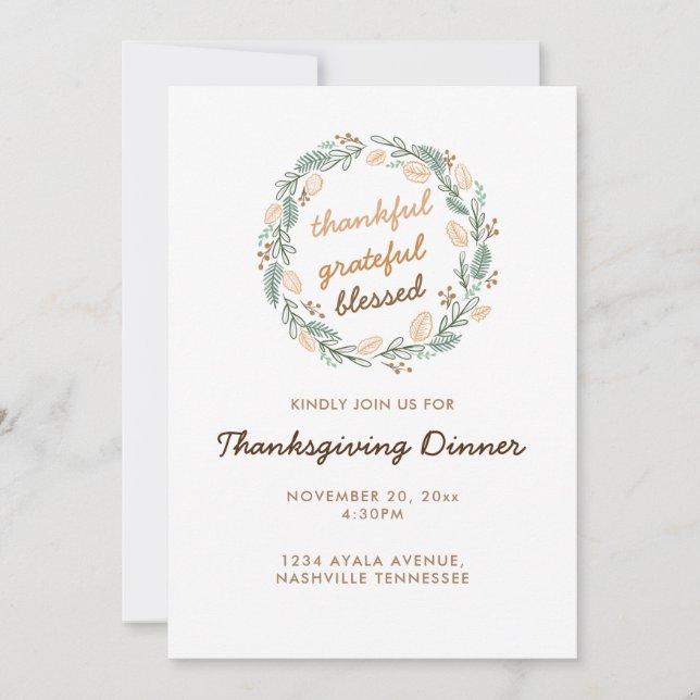 Thankful Grateful Blessed Thanksgiving wreath Invitation (Front)