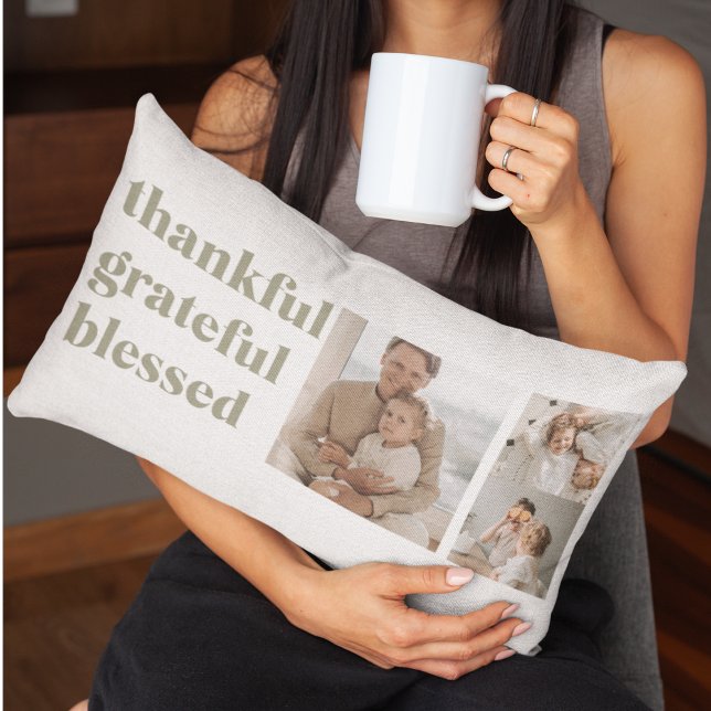 Thankful Grateful Blessed | Three Photo Collage  Lumbar Cushion (Creator Uploaded)