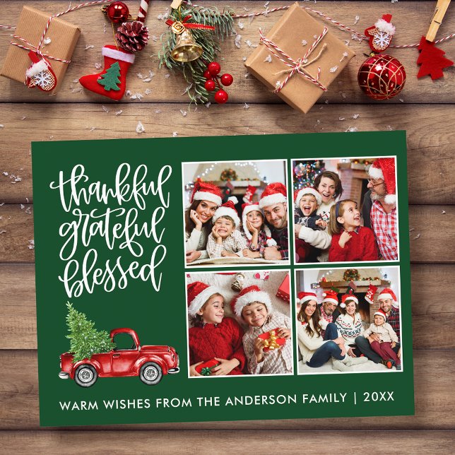 Thankful Grateful Blessed Truck 4 Photo Green Postcard (Customize to change your personalized text size or text style.)