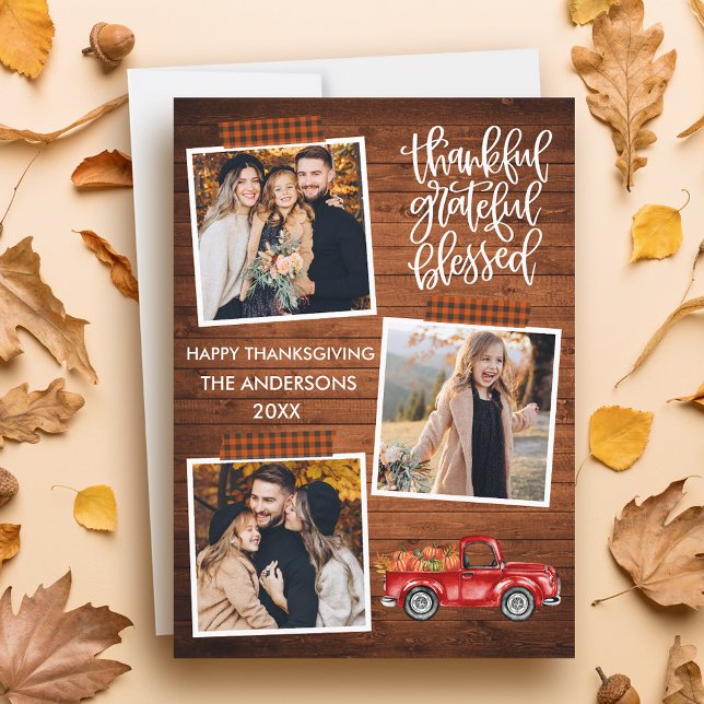 Thankful Grateful Blessed Truck Plaid Thanksgiving Holiday Card (Customize to add text to back of card.)